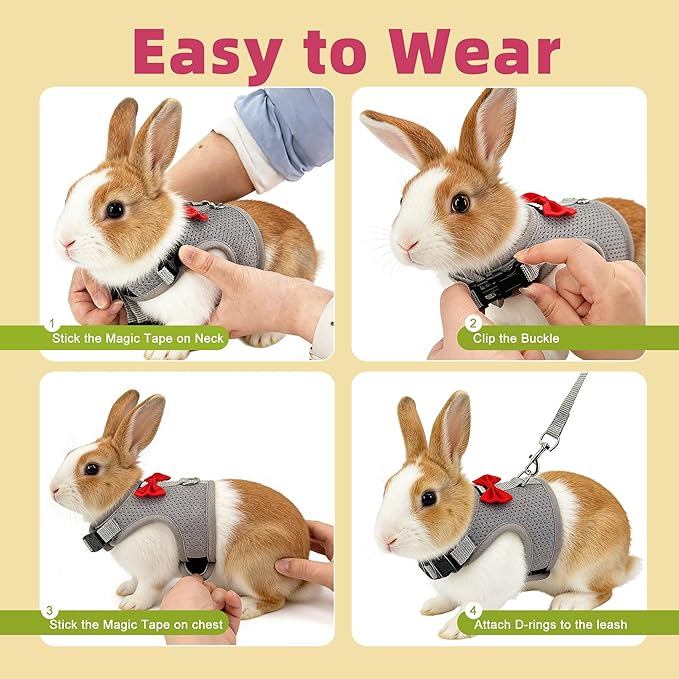 AIITLE Bunny Harness and Leash Set with Cute Bow, Soft Breathable Mesh Vest Harness for Rabbits Kitten Ferret Small Pig Puppy Walking Supplies Grey M