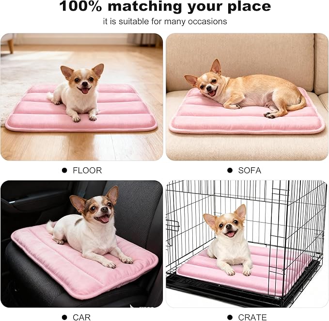 pobopobo Dog Crate Pad, Ultra Soft & Anti-Slip Kennel Mat, Secure Fit for Metal Crates & Dog Cages, Washable Cozy Bed for Small Medium Large Dogs (Pink, S(23"*14"*1.5"))