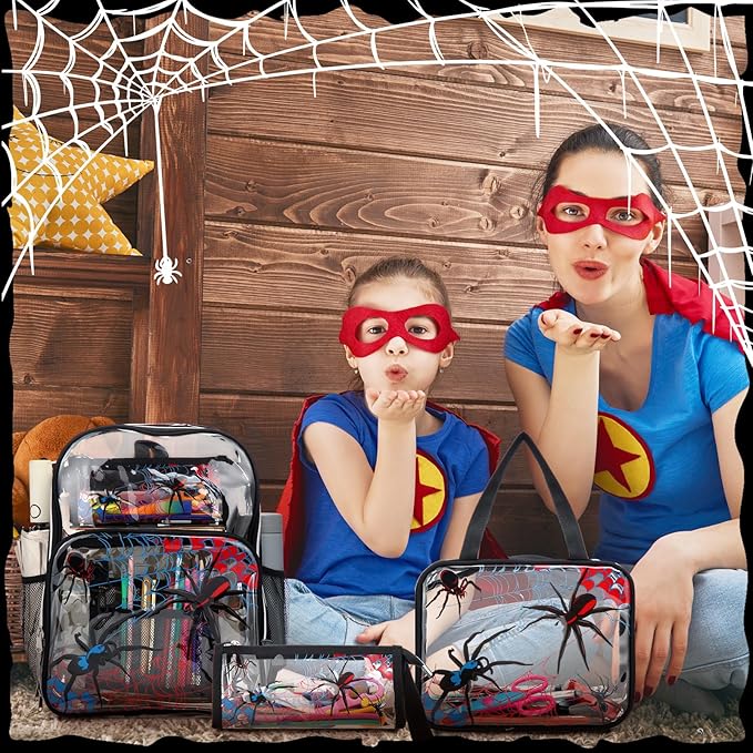 Kacctyen 3 Pcs Clear Backpack Heavy Duty Clear Stadium Bag Transparent Backpack with Lunch Bag(Black,Spider)
