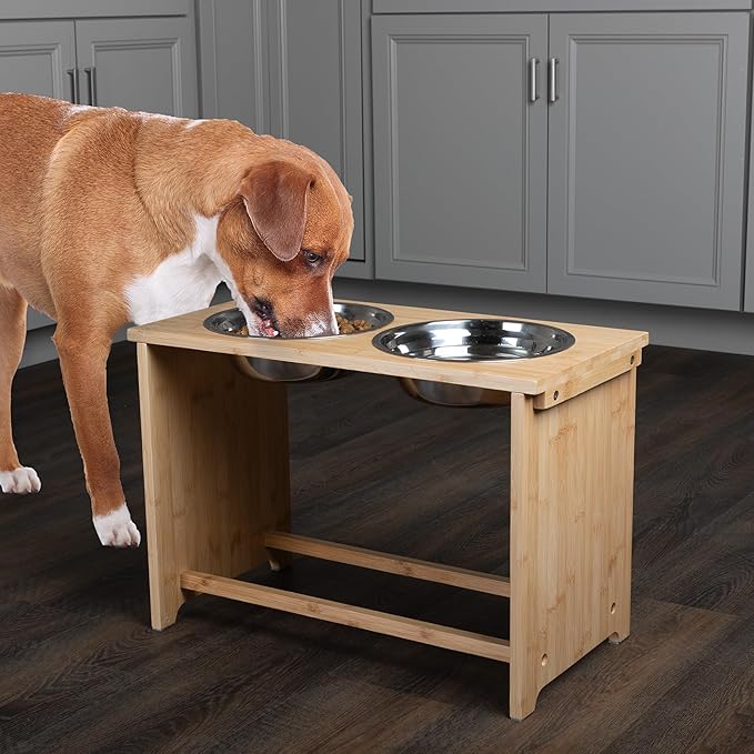 Elevated Dog Bowls - 15-Inch Tall Bamboo Raised Dog Bowl Stand with Nonslip Feet - Comes with Two 60oz Removable Dishwasher Safe Stainless Steel Pet Bowls - Puppy Essentials by PETMAKER