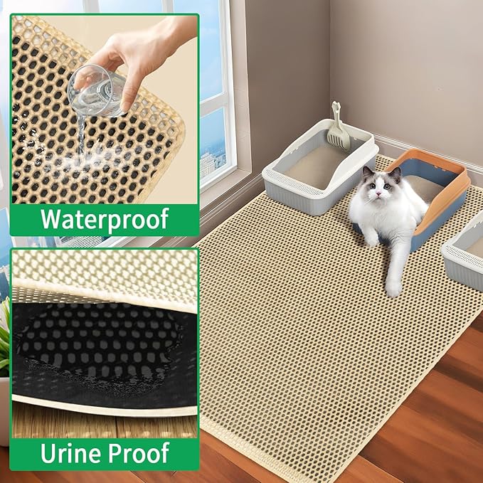 GRELY Cat Litter Mat,32"x22" Litter Box Mat,2 Layer Litter Trapping Mat for Indoor Cats,Litter Catcher Mats for Kitty Pet,Cat Rug. Non-Slip Waterproof Urine Proof, Collapsable