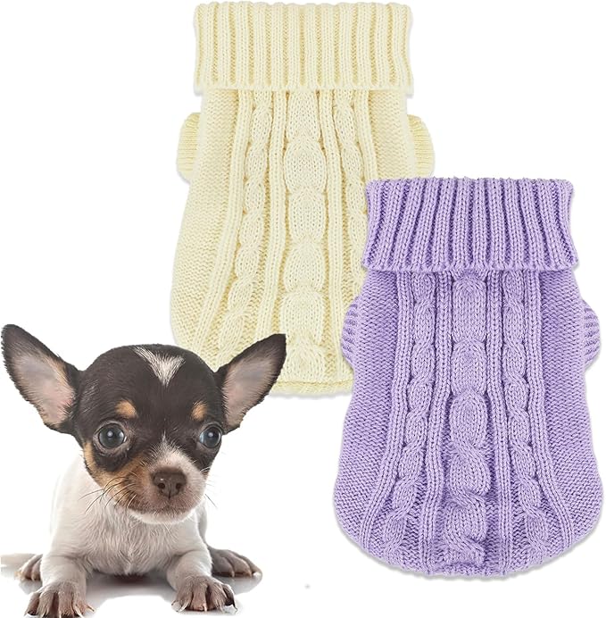 2 Pack Dog Sweaters for Small Dogs, Chihuahua Yorkie Sweater, Puppy Clothes Winter Warm Pullover Clothing, Pet Cat Cold Weather Puppy Cold Outfits (Beige+Purple X-Small)