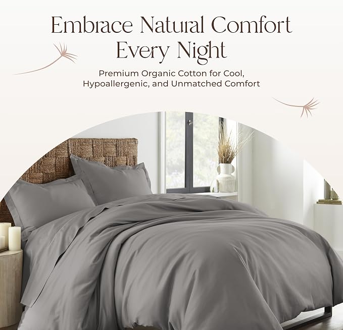 100% Organic Cotton Duvet Cover Queen Size - Naturally Soft Lightweight & Cooling Duvet Cover Set with Decorative Shams - Premium GOTS Certified 300 Thread Count Sateen Weave (Stone, Queen)