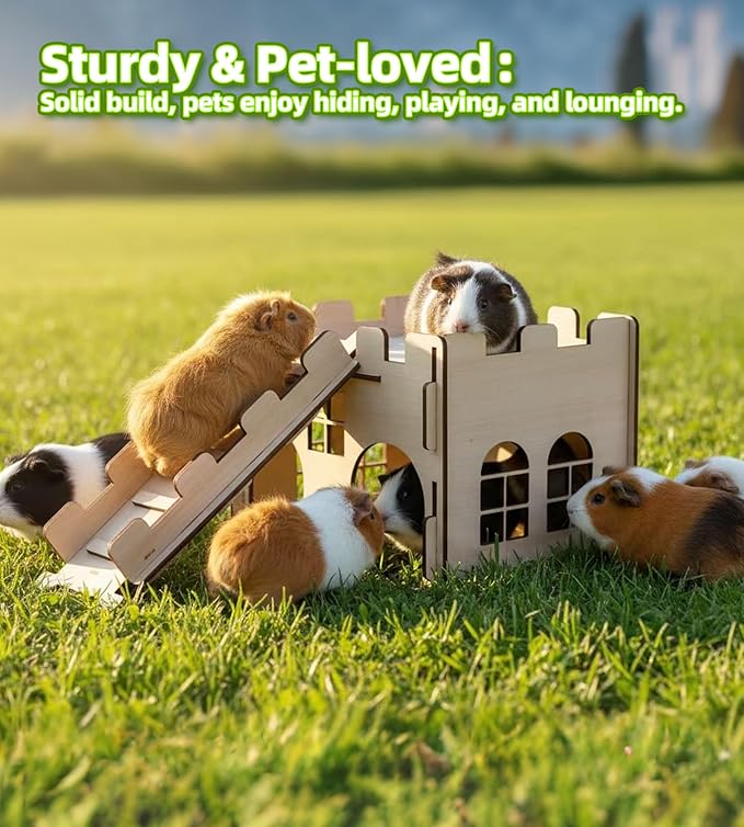 HIIMALEX Sturdy Guinea Pig Hideout Wooden Castle for Guinea Pig Chinchilla Hedgehog Gerbil Hamster Rat House Habitat for Playing and Hiding (GPG-MT)