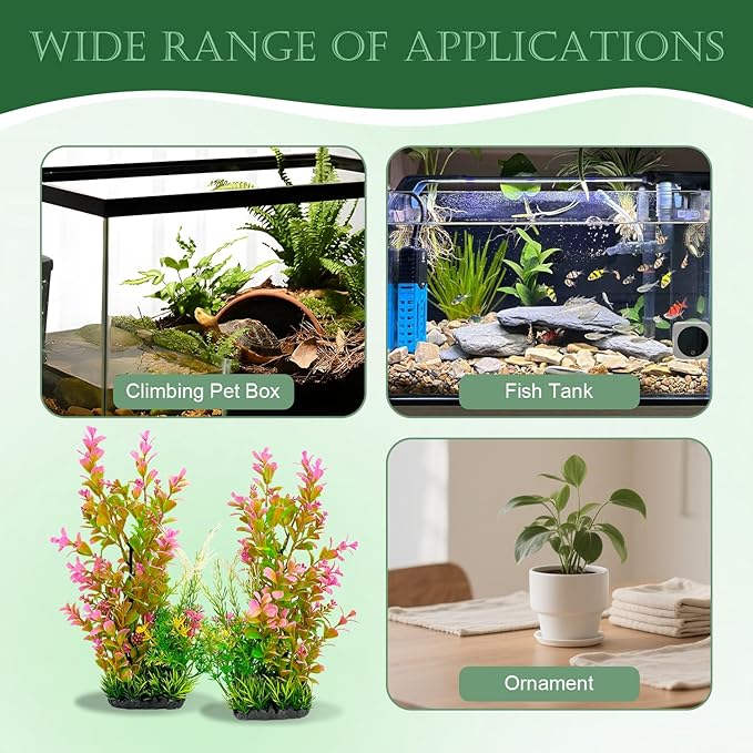 Aquarium Plants (2-Pack) Artificial Plastic Fish Fish Habitat Decor, Small to Moderate Size Aquarium Decorations, Safe Green Plants for Freshwater Tanks (Pink & Green Gradient)