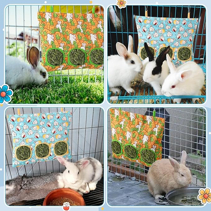 UPINS 2 Hay Bag for Rabbits 3-Hole Hanging Hay Feeder Guinea Pig Hay Bags, Hay Feeder for Rabbits Chinchillas Hamsters Small Pets and Animals