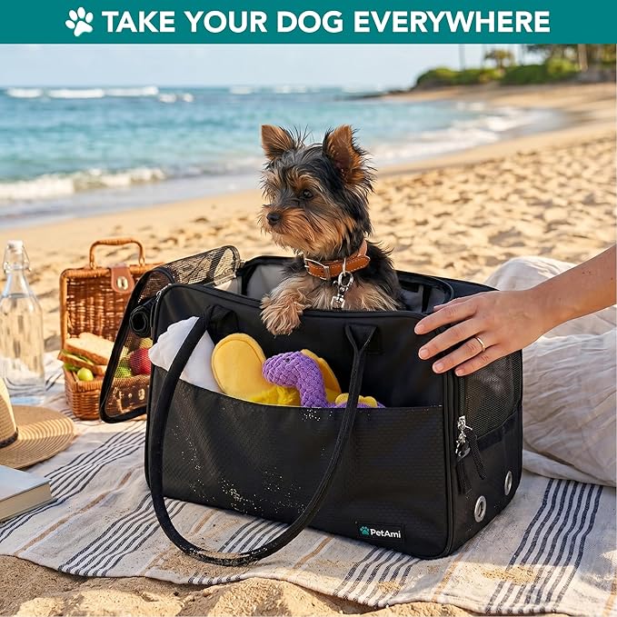 PetAmi Dog Purse Carrier for Small Dogs, Airline Approved Soft Sided Pet Carrier with Pockets, Ventilated Dog Carrying Bag for Puppy Cat, Dog Travel Supplies Bag, Sherpa Bed, Max 12 lbs, Black