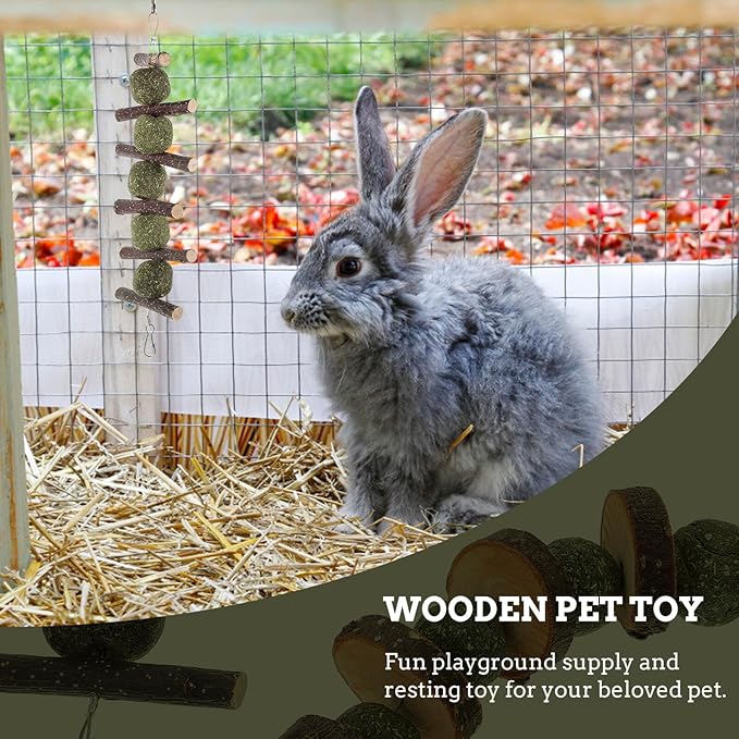 MERRYHAPY 2 Pcs Apple Wood Pet Molar for Rabbits and Hamsters Natural Chewing Sticks with Edible Grass Balls Interactive Small Animal Playthings to Reduce Boredom and Promote Dental Health