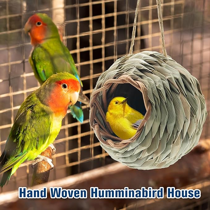 WDEFUN Humming Bird Houses for Outdoor Hanging, Natural Grass Bird Hut,Hand Woven Hummingbird Nest,Wren Finch Bird House for Garden Window Outdoor Home 2 Pack