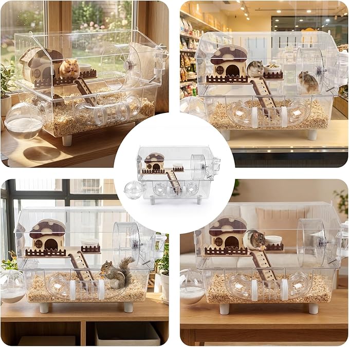 Loungewave Acrylic Hamster Cage, 8 in 1 Gerbil Cage with Accessories, Dwarf Hamster Cage with Full Transparent Viewing, Clear View Inside Easy to Clean, Excellent Ventilation, Mushroom House Style