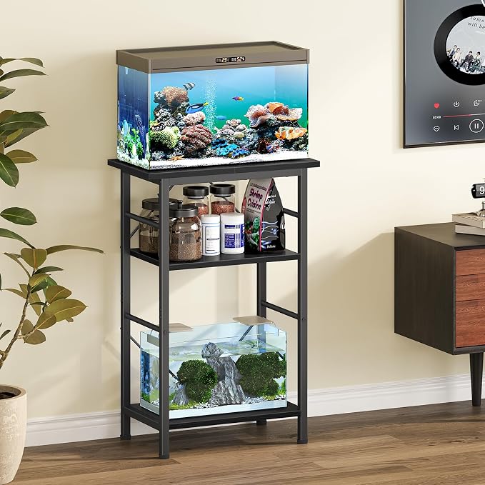 Snughome 5-10 Gallon Aquarium Stand, 3 Tier Fish Tank Stand with Storage, Fish Tank Stand with Metal Frame, Reptile Turtle Tank Stand for Home Office, 20.47" x 11.02" x 30.52", Black