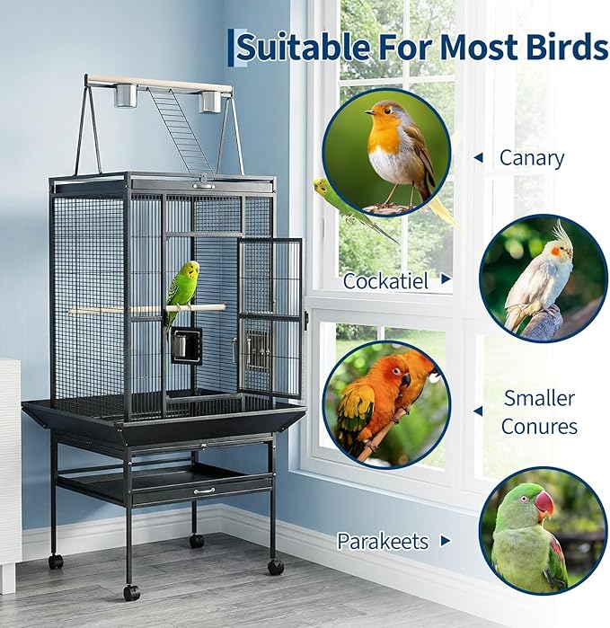 69" H Extra Large Bird Cage with Play Top & Rolling Stand, Wide Metal Parrot Cage for Macaws, Parakeets, Cockatoos, Conures, Lovebirds, Includes Bowls
