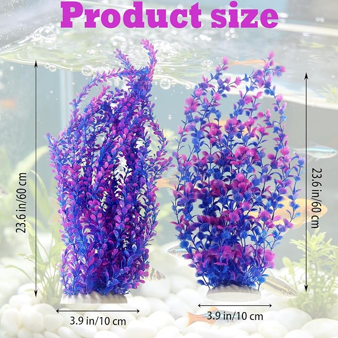 2 PCS Artificial Plants for Aquarium,23" Tall Fish Tank Plant Decor | Large Freshwater & Saltwater Lifelike Soft Plastic Plant Fish Tank Accessories with Stable Base(Purple)
