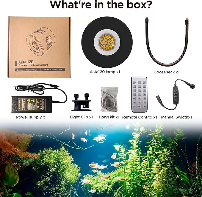 Lominie 80W LED Aquarium Light with Dimmer Remote, Full Spectrum Planted Tank Light for Freshwater Aquarium, Clip-On Fish Tank Lamp with 360° Gooseneck for 10-20 Gallon Refugium Cube