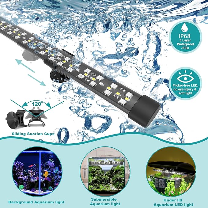 SEAOURA 24/7 Submersible LED Aquarium Light for Plants Fish Tank, 11 Inch | IP 68 Waterproof Full Spectrum Led Aquarium Plant Light with Timer for Freshwater Tank, 10 Brightness, 8 Colors, Auto On/Off