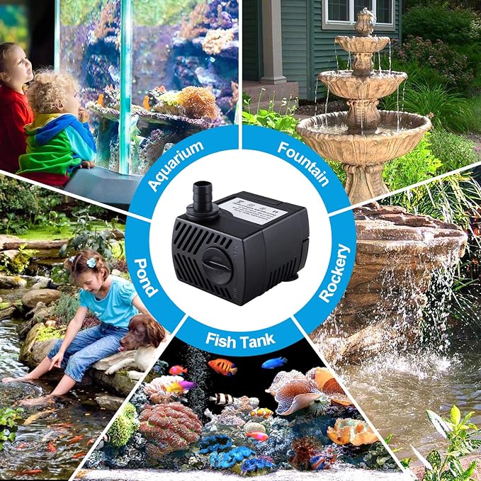 CWKJ Fountain Pump, 2 Packs 80GPH(4W 300L/H) Submersible Water Pump, Durable Outdoor Fountain Water Pump with 7.2ft(2.2m) Power Cord, 3 Nozzles for Aquarium, Pond, Fish Tank, Water Fountain Pump