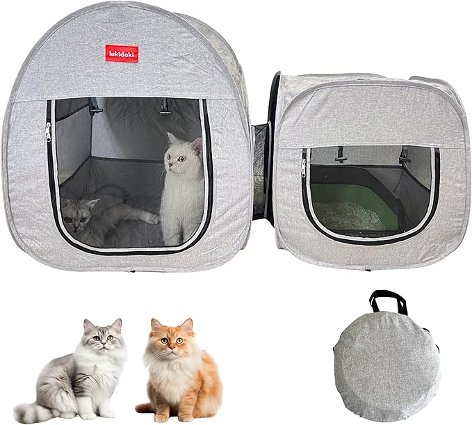 Portable Cat Playpen, Pop-up 2-in-1 Crate Playpen with Litter Box Area for Travel Indoor Outdoor, Foldable Pet Playpen Enclosed for Kitten Puppy Rabbit Hamster Small Animals