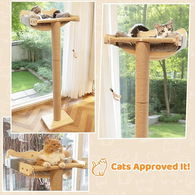 Cat Window Perch Hammock with 3-Piece Detachable Sisal Scratching Posts, Gray Fluffy Cusion, Drill-Free Suction Cup Mount, Multi-Level Climbing Perch for Bird Watching, 45 LBS Capacity