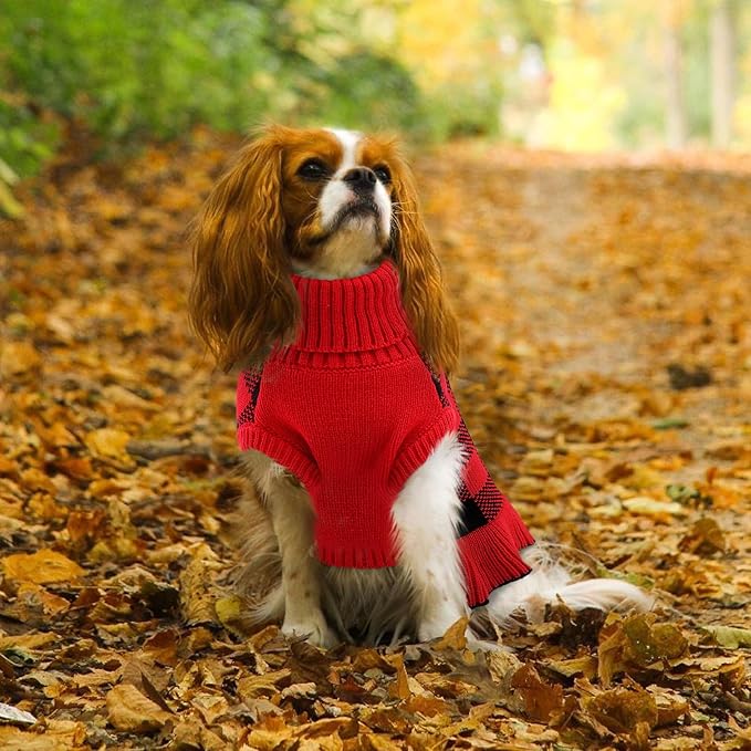 Dog Sweater Dress Plaid Knitwear for Small Medium Dogs Warm Puppy Pet Turtleneck Stretch Pullover Cute Fall Winter Vest Clothes with Leash Hole for Christmas (Red, 2XL)