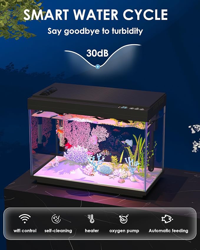 Smart Fish Tank Starter Kit with Smart Temperature Display & Wireless Control, 5.8 Gallon Fish Tank Self Cleaning, 3-in-1 Quiet Filter Pump, 7-Color LED, Heater, Feeder for Beginner Aquarium