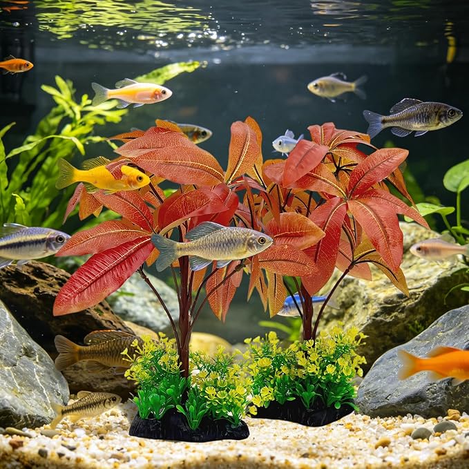 Silk Aquarium Plants 2-Pack 11.8" Tall | Soft Silk Plants for Fish Tank, Artificial Decoration for Fish Habitats, Safe for All Fish (Red)