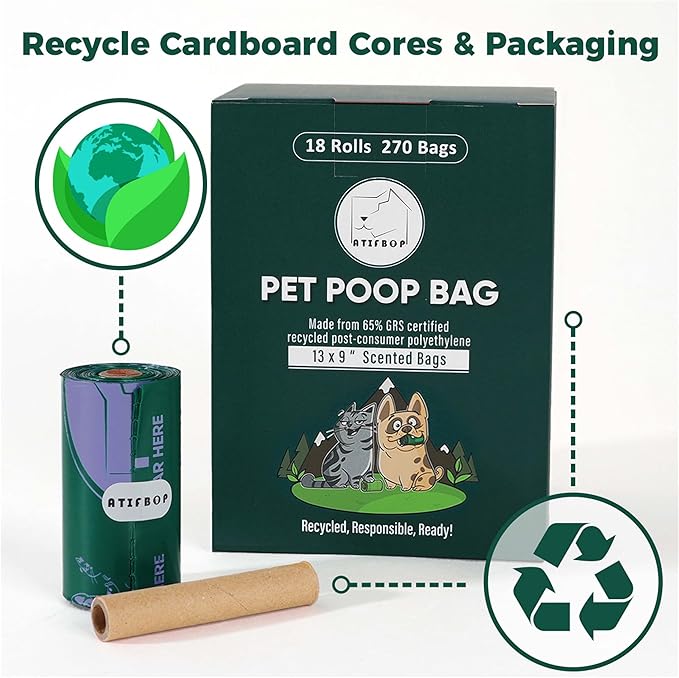 ATIFBOP Dog Poop Bags Rolls, Extra Thick and Leak-proof Poop Bags for Dogs, 8 Refill Rolls, Scented Waste Bag for Dog and Cat, Made form 65% Recycled Plastics