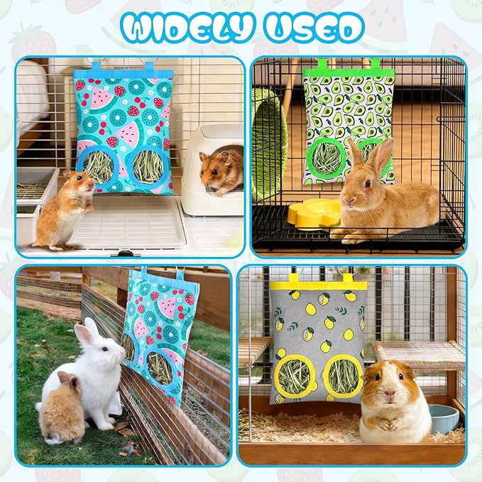 3 Pack Rabbits Hay Feeder Bag, 2 Holes Hanging Bunny Hay Feeder Guinea Pig Feeding Bag Storage Dispenser for Bunny Rabbits Chinchillas Hamsters Small Pets and Animals