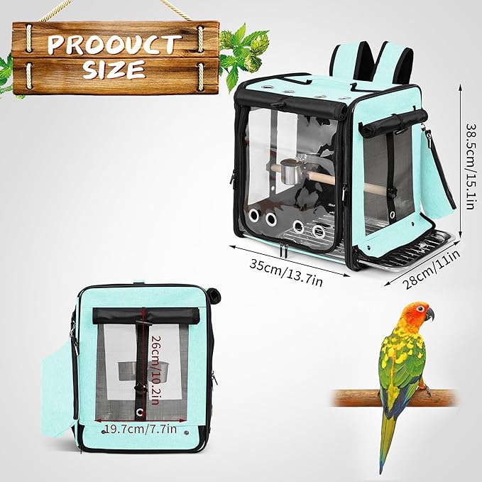 Bird Carrier with Seat Belt for Car Travel, Bird Backpack Carrier with Indestructible Stainless Steel Mesh, Large Bird Carrier Travel Cage, Green