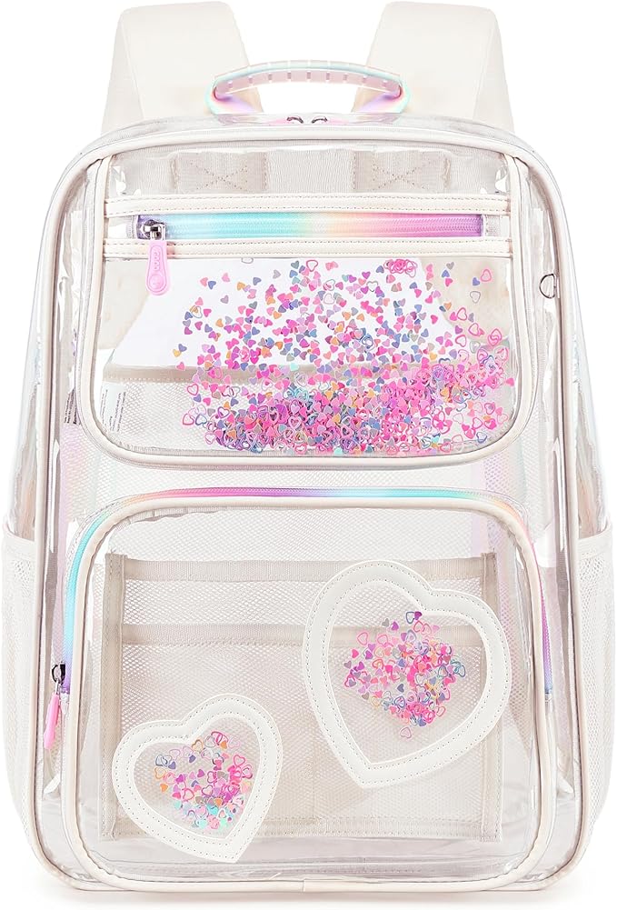 Clear Backpack for Girls,Clear Bookbag Heavy Duty Transparent Backpacks for Stadium Events, See Through Back Pack for Kindergarten Elementary Middle High School (Off-white)