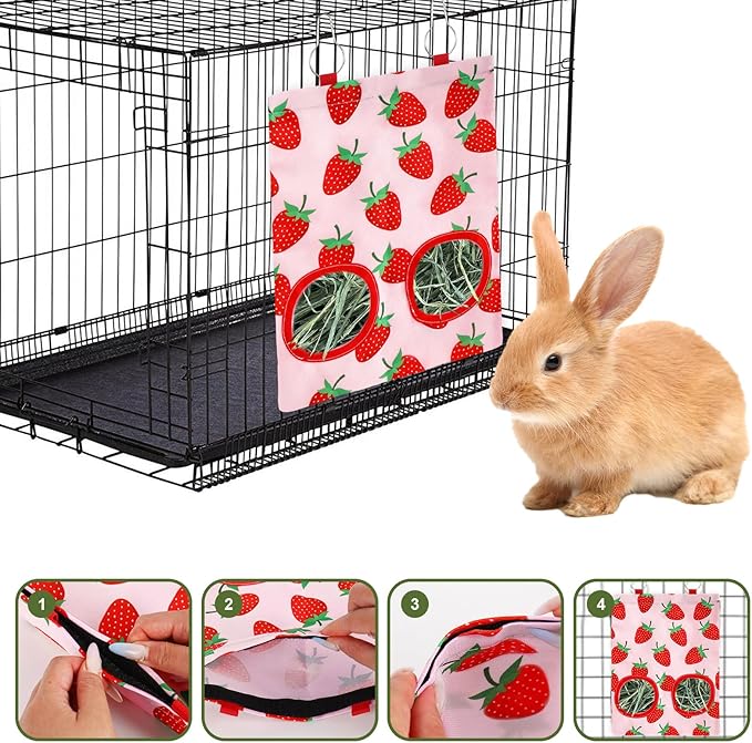 JarThenaAMCS 2Pcs Rabbit Hay Feeder Bag with 2 Holes Pink Strawberry Guinea Pig Hanging Hay Feeding Bag Storage Dispenser for Chinchilla Hamster Bunny Small Animal Pet
