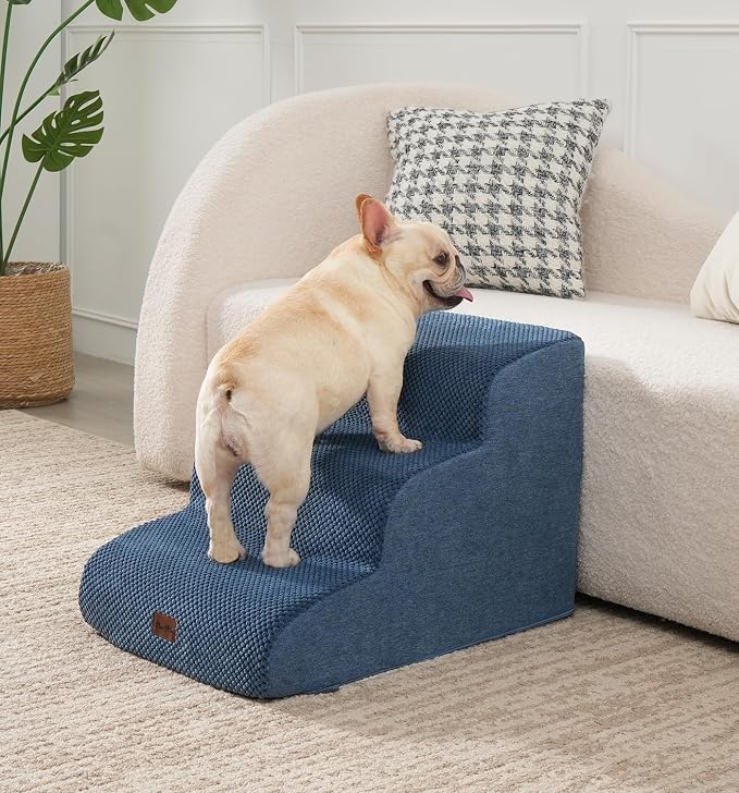 Made4Pets Dog Stairs Ramp for Small Dogs 15.7" H, 3-Step Dog Steps for Bed Couch Sofa and Chair, 35D Foam Pet Steps for Small Dogs and Cats, Non-Slip Bottom Pet Stairs, Navy