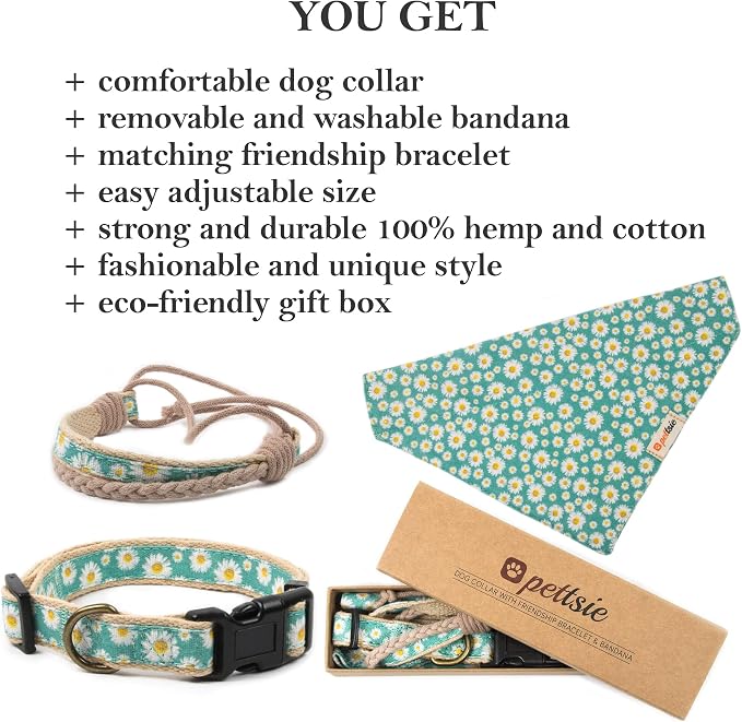 Pettsie Hemp Dog Bandana Collar & Matching Owner Friendship Bracelet | Adjustable, Durable Hemp, Soft & Comfortable, Includes Matching Friendship Bracelet, Secure D-Ring, Green
