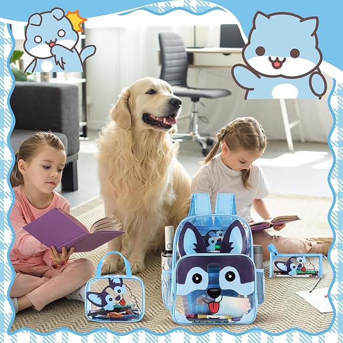 Kacctyen 3 Pcs Clear Backpack Heavy Duty Clear Stadium Bag Transparent Backpack with Lunch Bag(Blue,Dog)