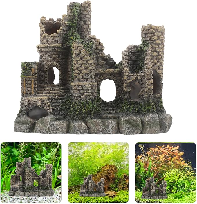 STOBAZA Resin Castle Aquarium Ornament Hideout for Fish and Reptiles | Realistic Layered Styling, Home Aquarium Decor Centerpiece, Sturdy Resin Build, Small Shelter for Tanks