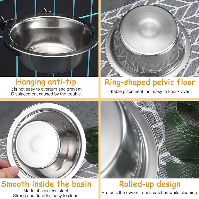 kathson Dog Kennel Bowls for Crates, 3 Pcs Stainless Steel Pet Food Water Bowls with Clamp Holder Hanging Metal Puppy Feeding Dish Cage Coop Cup for Cat Rabbit Ferret Bird (8.5 * 2.7in)