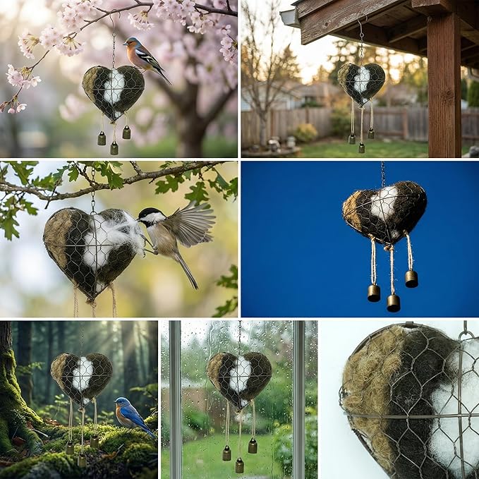 Handmade Alpaca Fiber Bird Nesting Heart Material with 3 Bells, Metal Wire Cage Holder for Wild Birds Hummingbirds Goldfinches, Refillable Garden Decor & Bird Lover Gift
