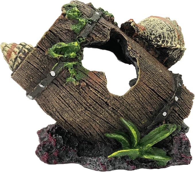 SLOCME Aquarium Broken Barrel with Conch Decorations - Betta Cave Hideout Fish Tank Barrel Ornament
