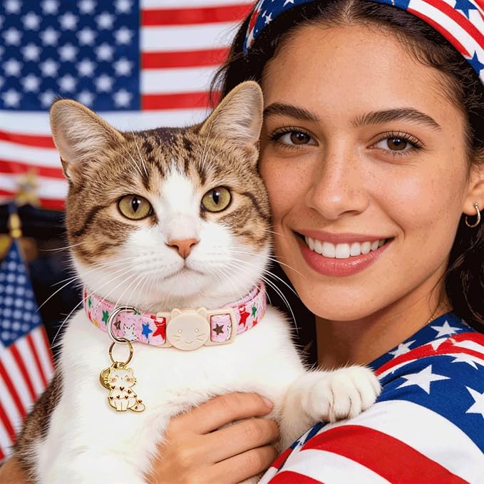 Elegant little tail Independence Cat Collar- 2 Pack Flag Print Cotton Breakaway Cat Collars with Bell Pendant Kitten Boy Girl Safety Adjustable Collar for Small Cats Puppy