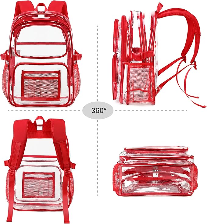 abshoo Large Heavy Duty Clear Backpack For School Bookbag Transparent Multi Pocket Backpacks (Red)