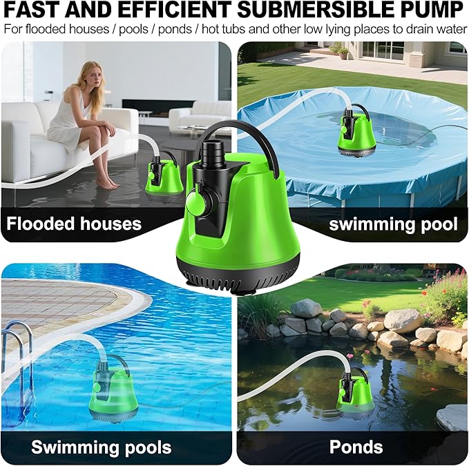 Sump Pump Submersible, Water Pump with Adjustable Flow, Pool Cover Pump Above Ground, Electric Portable Water Removal Pump, Water Pump for Pool Draining with 10ft Hose, 4 Adapters, 950GPH