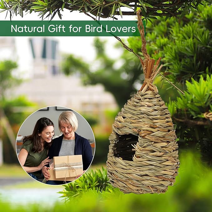 Gute Hummingbird Houses for Outside Hanging, Natural Grass Hanging Bird Hut, Hand Woven Hummingbird Nest, Large Wren Finch Bird House for Garden Window Outdoor Home Decoration, Set of 2