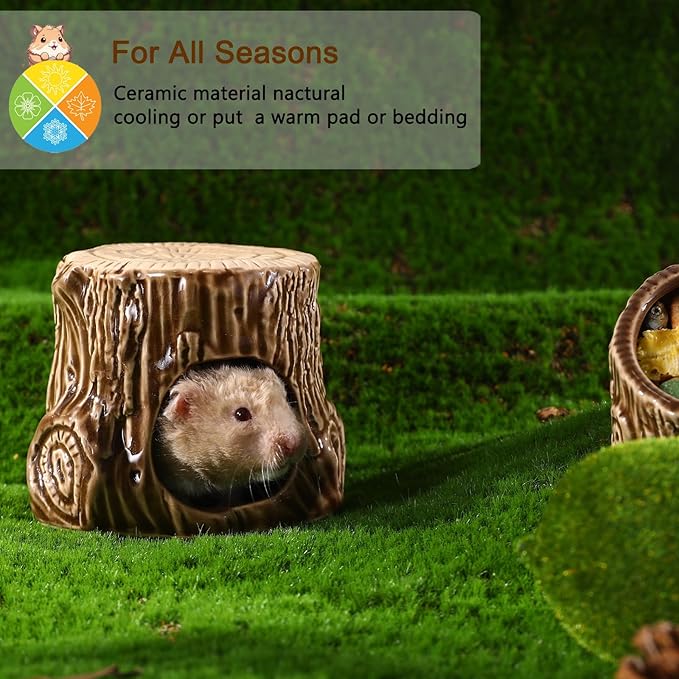 Ceramic Hamster Hideout,Stump Shape Dwarf Hamster House, Natural Guinea Pig Habitat Decor, Hideaway House for Gerbil, Cool Bed for All Season(Brown)