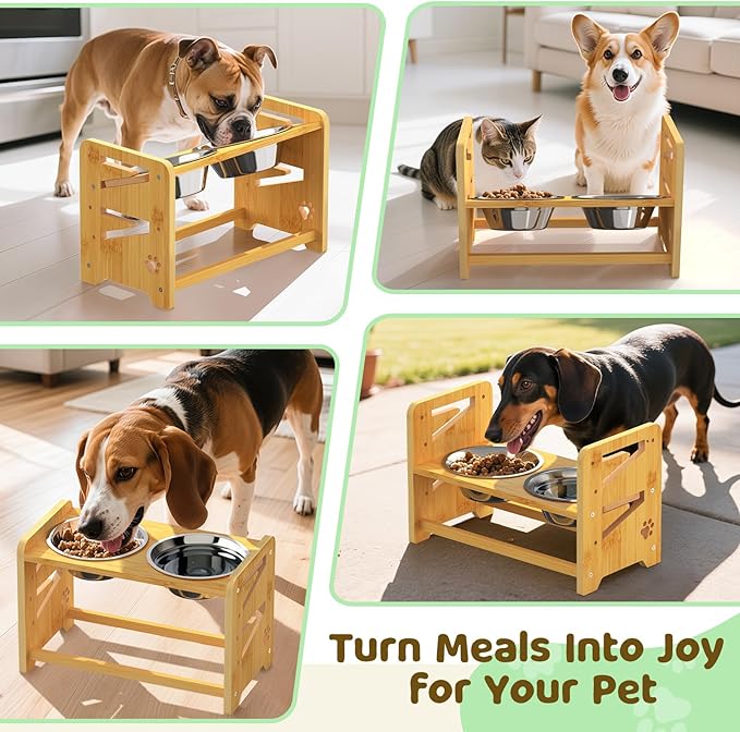 Elevated Dog Bowls, Adjustable Raised Dog Bowl Stand for Medium and Small Pet, 11" High Bamboo Pet Food Feeder with 2 Stainless Steel Dishes(4 Heights)