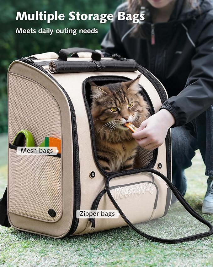 Pecute Cat Backpack Carrier XL, Large Space Cat Bubble Backpack, Breathable Cat Carrier, Shaded Dog Backpack Carrier, Ergonomic 3D Design for Travel, Hiking, Suitable for Shopping, and Vet, Khaki