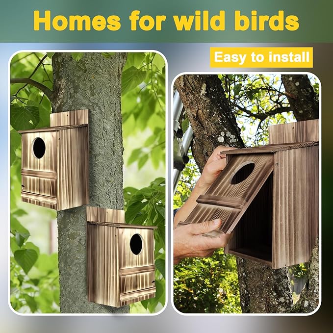 2 Pack Round Owl Houses, Bird Houses for Outside, Wooden Owl Nest Box Large Opening Screech Outdoor Bird's Box, for Wildlife Screech, Barred, Great Horned, Barn Owls, Assembly Required