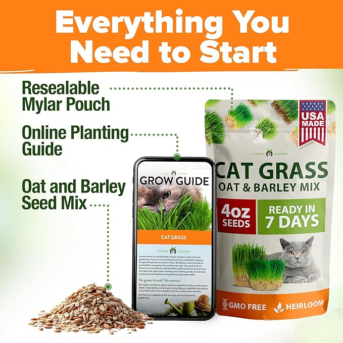 HOME GROWN Cat Grass Seeds 4 oz Oat & Barley Mix – Indoor Cat Grass Refill Kit – Digestive Green Grass for Pets – Heirloom Seeds for Cats’Health & Wellness (Dactylis glomerata)