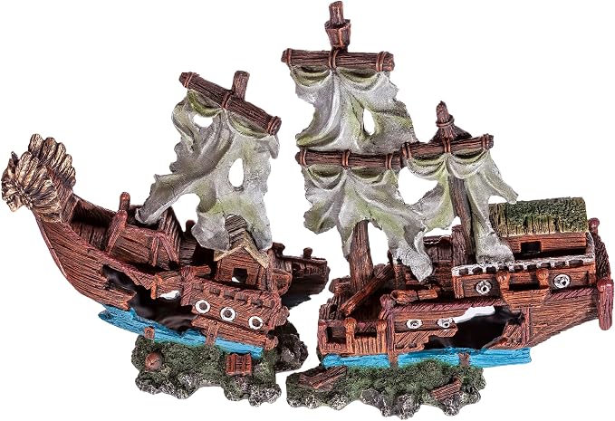 Shipwreck Aquarium Decorations Pirate Ship Ornament w/Sail (2 Pieces) 5 Gallons and Larger Fish Tank, Sunken Ship Decoration Ornaments, Decorative Resin Boat for Freshwater Saltwater Decor