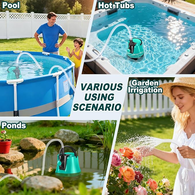 RovPool Sump Pump Submersible, Adjustable Pool Cover Pump Above Ground | Portable Electric Water Removal Pump with 10ft Hose, 4 Adapters Water Pump for Pool Draining,Fish Tank,Pond, 950GPH