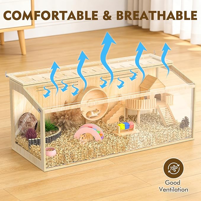 XiaZ Hamster Cage Chewproof,48 Inch Large Hamster Tank with Panoramic View and Ventilated Top,Durable Plywood Solid Wood Frame,Spacious Acrylic Glass Habitat for Syrian Dwarf Hamsters and Degus