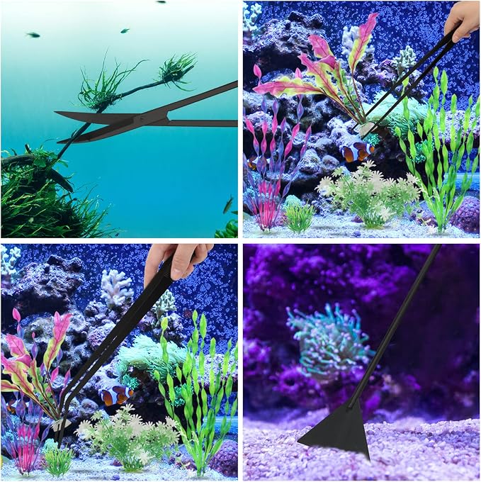 15" Aquarium Aquascape Tools Kit 4P Stainless Steel Aquascaping Set | 4in1 Extra Long Full Metal Design, Scissors, 2P Tweezers And Sand Spatula, For Trimming Plants, Arranging Sand And Aquascape